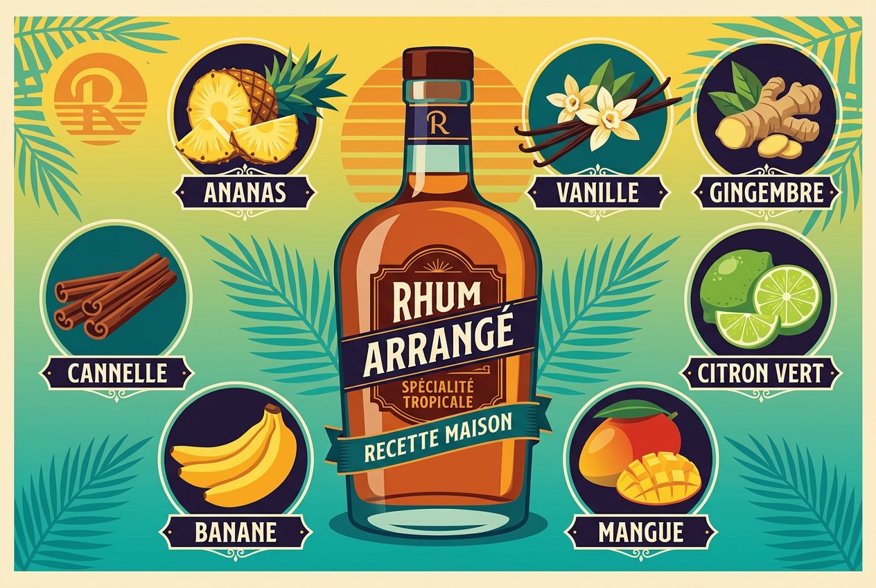 Bouteille de rhum arrangé au centre avec étiquettes “Rhum Arrangé” et ingrédients invités (ananas, vanille, gingembre, cannelle, citron vert, banane, mangue) autour.