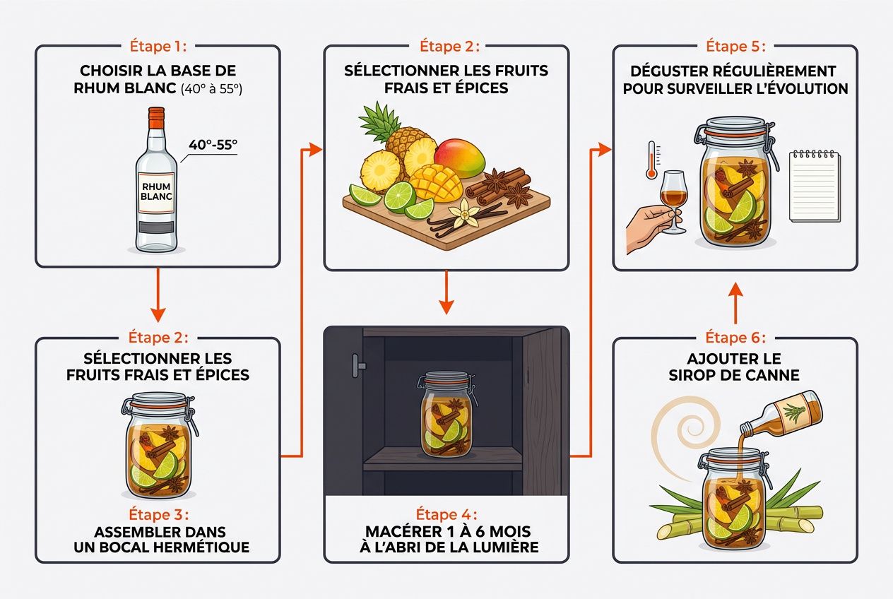 Processus illustrant la fabrication du rhum arrangé, étape par étape, depuis base de rhum blanc jusqu’au macérage et dégustation régulière.