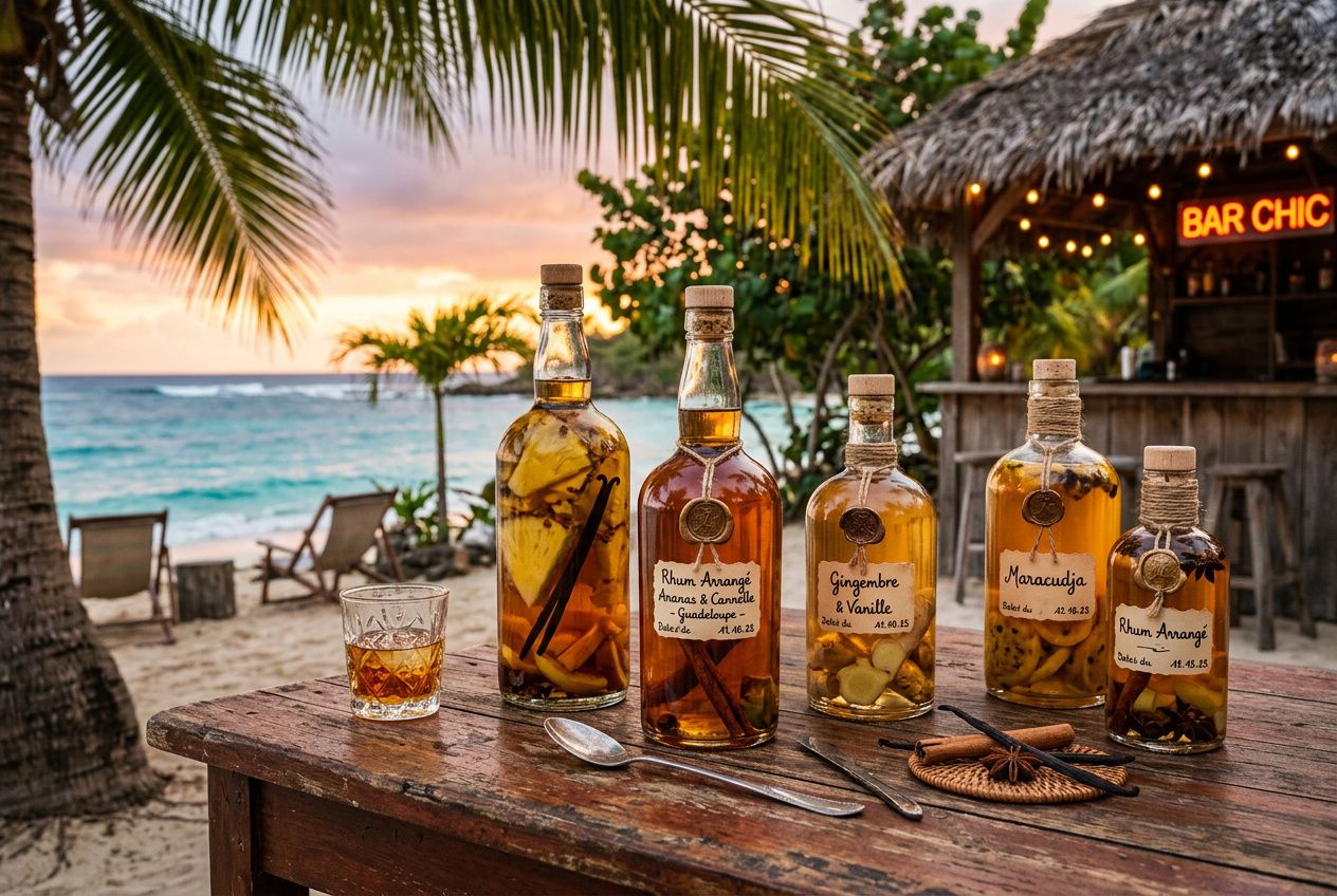 Variété de rhum arrangé en bouteilles sur une table en bois près de la plage au coucher du soleil.